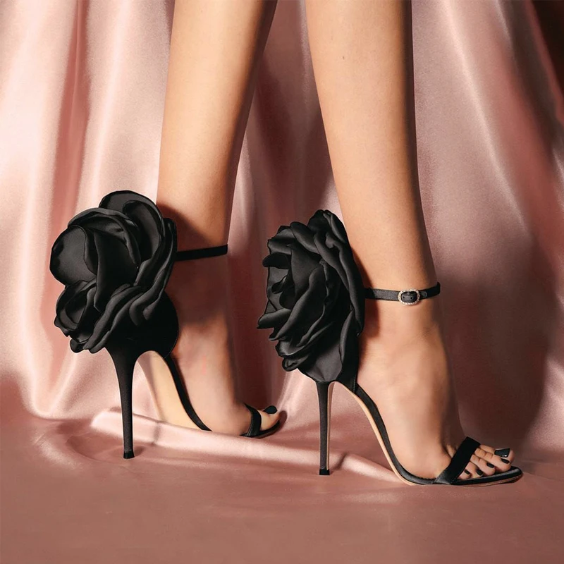 Zapatos De Mujer Chinelo, черни сандали с флорални каишка на щиколотке, обувки на висок ток-висок ток, розови, черни сатенени вечерни обувки, дамски обувки на висок ток