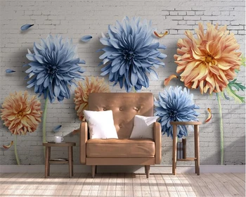 beibehang Модни тапети прости 3D хризантеми, бели тухлени стени носталгия цветя и декорации за телевизор 3D тапети