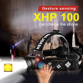Супер led акумулаторна налобный фенер XHP100 с IR сензор, фаровете 18650, главоболие фенер с увеличение, 1200 M, USB лампа за Риболов