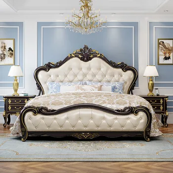 Легло от масивно дърво в европейски стил, луксозни начало спалня, двойно легло 1,8 м, луксозно легло с мека дърворезби по гърба, домакински легло от масивно дърво.