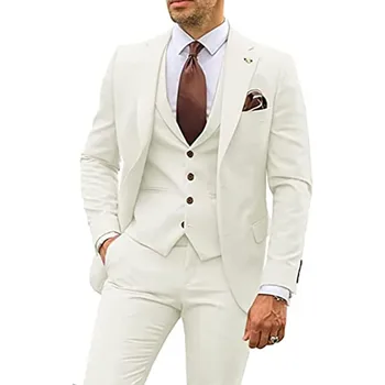 Мъжки костюм, комплект от 3 теми, оборудвана, с назъбени ревери, бизнес, всекидневни, за сватбени партита, смокинги за младоженеца, сако, жилетка и панталони