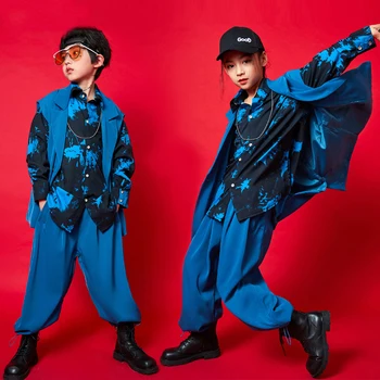 Танцови костюми в стил хип-хоп, жилетка, палто, сини панталони за момичета и момчета, градинска джаз танцови, безплатно детски живописна костюм за модния подиум BL5415