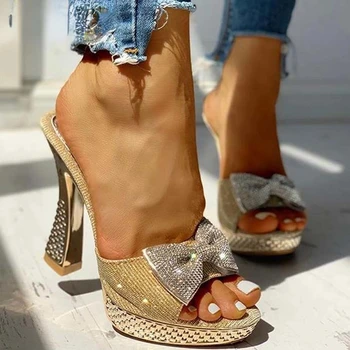 Модни дамски секси чехли с лък, летни чехли 2022, дамски обувки на платформа и дебел ток с кристали, дамски обувки на дебелите ток