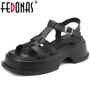 Дамски сандали FEDONAS, летни дамски сандали в ретро стил с Т-образно каишка на платформата от естествена кожа, ежедневната работа дамски обувки на дебелите ток, ново записване