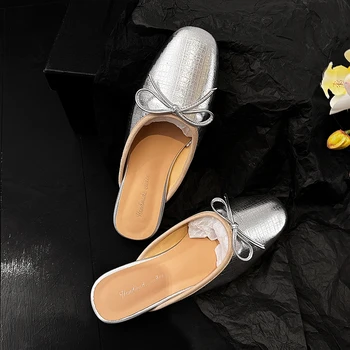 Дамски мюли, лаконичен удобни ежедневни обувки на плоска подметка, пролет-лято, офис женски мюли с пеперуда, цвят сребрист, златист, проста дамски обувки, размер 40