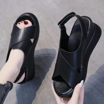 Модерни дамски сандали с отворени пръсти, лято 2023, нови меки плажни сандали, дамски ортопедични сандали на танкетке с катарама, дамски обувки