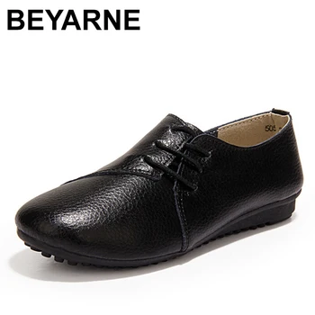 BEYARNE, дамски обувки на равна подметка, обувки от естествена кожа, дамски ежедневни обувки дантела с кръгло бомбе, бяла, 2018-нов дизайн, модерни обувки на плоска подметка
