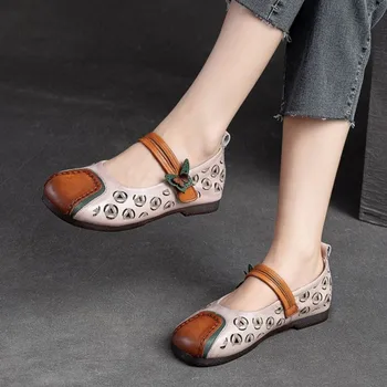 Johnature /Новост лятото 2023, отворени сандали на равна подметка, естествена кожа, през цялата чорап, смесени цветни, в ретро стил, мека подметка, дамски обувки за дребни подметка
