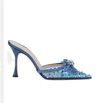 Лято 2023, нови модни дамски обувки на висок ток-висок ток с остър пръсти и лък, чехли с лък, подиума с диаманти/кристали