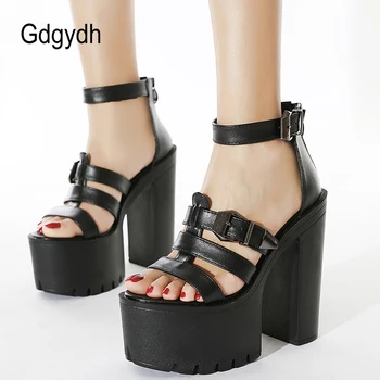 Gdgydh, дамски сандали на висок ток, летни черни кожени сандали с отворени пръсти, дамски обувки на платформа към модния подиум за модел с метална катарама