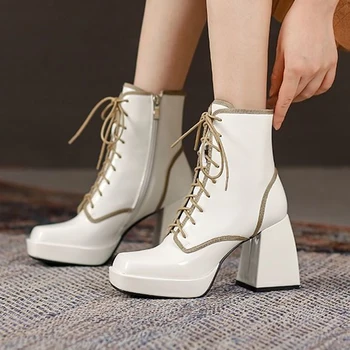 Lucyever/ Реколта Ботильоны с Квадратни пръсти, Дамски Обувки от лачена кожа на дебелите обувки, Дамски Обувки на платформа с шнур, Mujer Invierno 2022