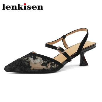 Lenkisen/ дантелени сандали с остри пръсти на един необикновен средно ток; летни обувки; Пикантни модни дамски обувки-лодка с каишка и катарама; L89