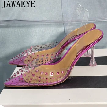 Нови многоцветни прозрачни сандали от PVC с кристали, дамски луксозни маркови прозрачни обувки на висок ток, лятна чубрица сватбени обувки в етнически стил
