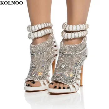 Kolnoo Ръчно изработени, ново записване, елегантни дамски сандали на висок ток, обувки за бала с кристали, вечерни модни летни обувки