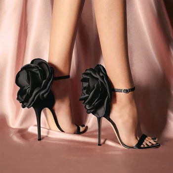 Zapatos De Mujer Chinelo, черни сандали с флорални каишка на щиколотке, обувки на висок ток-висок ток, розови, черни сатенени вечерни обувки, дамски обувки на висок ток