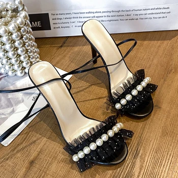 Дамски сандали в прозрачен ток 2023, дамски обувки с кръстосани катарама, дамски обувки на средно елегантен женски токчета