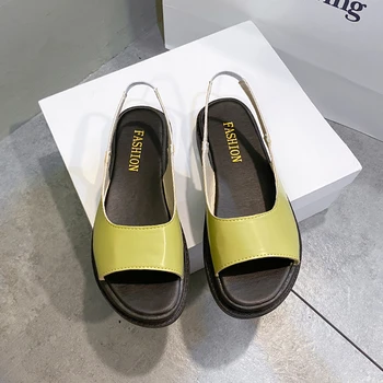 Летни дамски сандали 2023 г., нова мода обувки, елегантни дамски сандали на равна подметка, от изкуствена кожа, прости римски сандали на платформа за жени