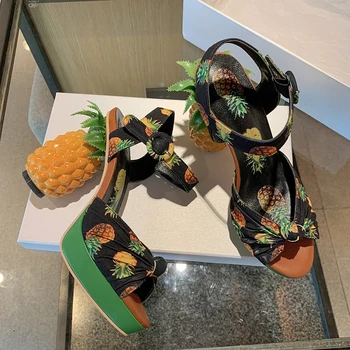 марка новост мода ананас дамски обувки на висок ток-секси отворени пръсти кожени сандали жени парти платформа обувки сандали