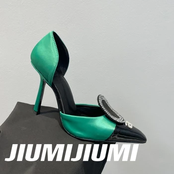 2023 JIUMIJIUMI/ Нови горещи летни Пикантни Копринени дамски обувки-лодка с остри пръсти на висок ток, дамски официални обувки са ръчно изработени с украса във вид на Кристали