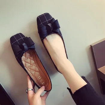 Ежедневни обувки с квадратни пръсти в европейски стил, дамски пролетно-летни обикновена балет апартаменти на равна подметка с възел, лоферы без закопчалка