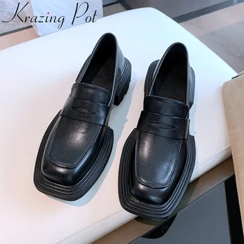 Krazing Pot / 2022 пролетно обувки от естествена кожа на платформа и висок ток, с квадратни пръсти, лоферы без закопчалка, класически винтажное рокля, дамски обувки-лодка