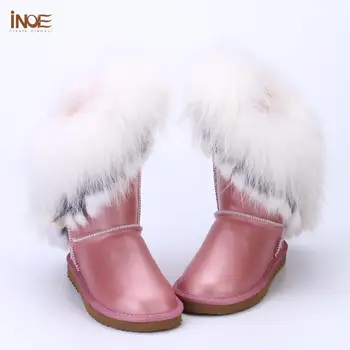 INOE/ дамски високи зимни обувки от естествена кожа на миеща мечка и лисица, чубрица четката от заек кожа, коровья кожа, водоустойчив нескользящая подметка, бял, черен