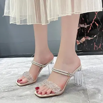 Кристал цвете дизайн за жени чехли в бежово хакове лятото отвън слайдове като мулета обувки с дебели високи токчета PVC прозрачни сандали пързалки