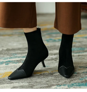 Есенно-зимни елегантни модни къси ботуши с остри пръсти с цип на тънък ток, голям размер 46, женски ботильоны от еластична кожа и кадифе, обувки Q8839