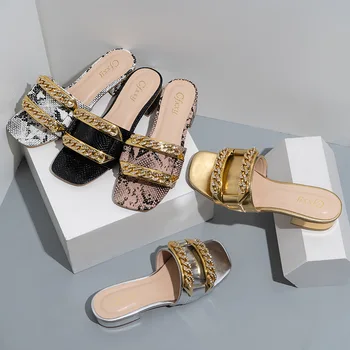 Летни чехли, нови метални кристали с змеиным принтом, женски пързалки, обувки с квадратни пръсти, модерни кожени дамски обувки на нисък ток