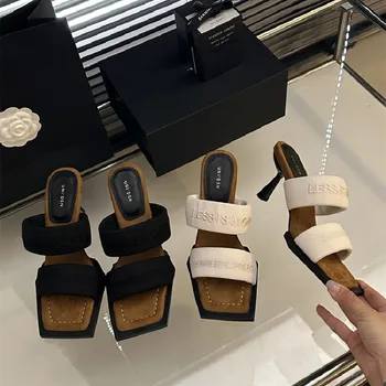 Дизайн 2023, Нови летни дамски чехли, модни джапанки, дамски официални елегантни сандали на тънък висок ток с квадратни пръсти, Обувки