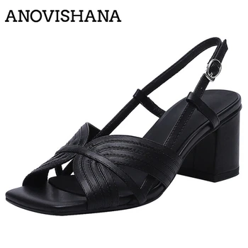 ANOVISHANA/ 2022; Дамски Сандали от естествена кожа на дебелите обувки с отворени пръсти и каишка с катарама в Ретро стил, в Римски стил; Размери 33-40; Черни Летни S3403