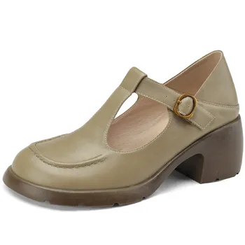 Dilalula/пролетно-летни дамски обувки-лодка с кръгло бомбе на дебел ток и платформа, с високо качество дамски обувки от естествена кожа Т-образно каишка задържани в ретро стил