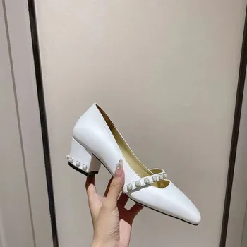 Дамски обувки на висок ток Mary Janes Kitten Heels 2023, сандали с метален орнамент, обувки-лодка от естествена кожа, дамски модел обувки с мъниста
