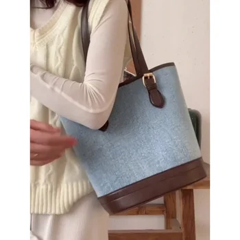 Дизайнерска чанта-тоут 2023, Нова мода корея, деним, чанта за подмишниците, по-голямата голям пазарска чанта на едно рамо