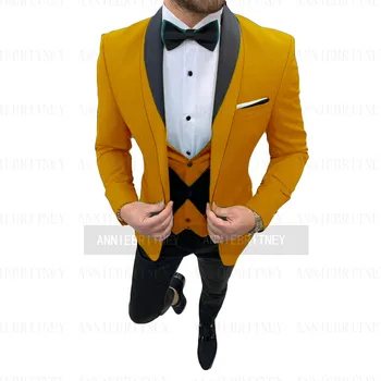 Изработена по поръчка на златен костюм за мъже, 3 предмет, модерен сватбен, абитуриентски смокинг за младоженеца-най-добър мъжки смокинг за изказвания, Блейзери, мъжки шик яке, жилетка, Комплект панталон
