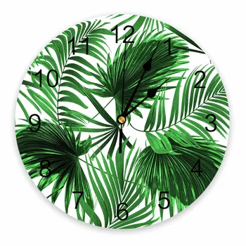 Декоративни кръгли стенни часовници със зелени палмови листа, дизайн с арабски цифри, не тикающие стенни часовници са в голям размер за спални, баня