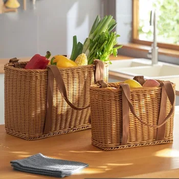 Кошница за багаж от изкуствен тръстика за къмпинг, Плетени ръчно хлебница от двете страни на Кошници за пикник, богат на функции за стоки за дома