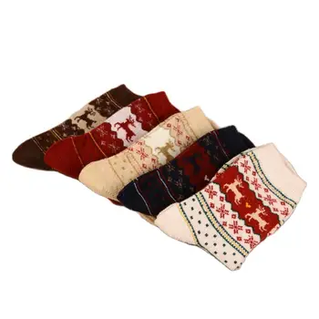 Модерен 5 двойки Есенно-Зимни Топлите Коледни Чорапи От дебелото домакинството е заек Вълна, Женски Средни Чорапи в стил Ретро С Коледните Шарките на Елен, Качествен Мек Чорап