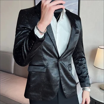 2023 Нов висококачествен позлатен костюм на корейската версия на Slim Fit Single Suit Топ с ярки пръски от хромирана мъжки блейзър M-3XL