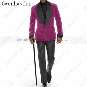 Gwenhwyfar Розово-Червен Костюм Homme, 2 броя, Двубортные мъжки Костюми, Със сиви Панталони на райета, Джентълменско Смокинг, за да си официална Вечеря