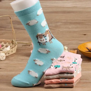 Дамски чорапи с мил домашен любимец принтом, анимационни агнешко месо, патица, забавни вълк, чорапи от чист памук в стил харадзюку