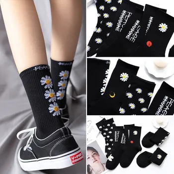 Дамски корейски смешни чорапи, дълги чорапи, черни стръмни чорапи, харадзюку, хип-хоп, памучни чорапи, за скейтборд, мъжки чорапи с цветя, Нова тенденция, мъжки чорапи с цветя