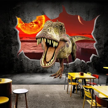 Потребителски Фотообои Динозавър Счупена стена 3D Художествена живопис Ресторант, кафенета, Детска стая, Стенни декорации, тапети стенописи