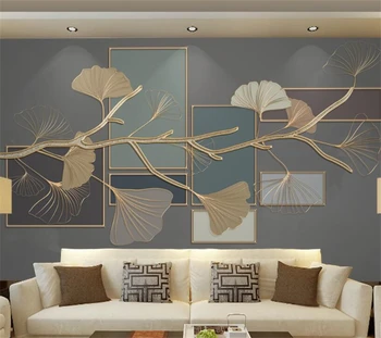 wellyu Индивидуални голям стенопис в китайски стил, листа на гинко, геометрични линии с позлатени релефни, тапети тапети за хола