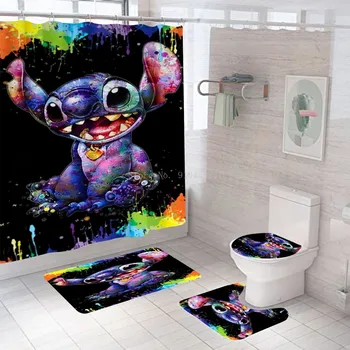 Гореща Disney 3D Lilo & Stitch Водоустойчива душ завеса за душа в банята с плетене на една кука, мека подложка за баня, килим за тоалетна, подложки