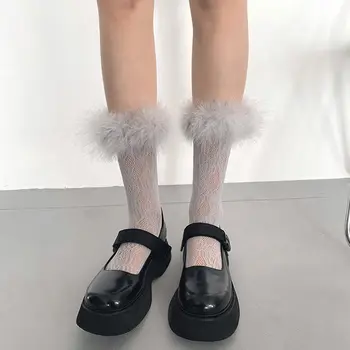 Нови японски чорапи до прасците с пера, дамски дантелени чорапи, сладки и космати чорапогащи в стил Лолита