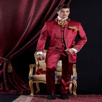 Най-новият дизайн 2020 г., червени на мъжки костюми (яке + панталон + Елек + вратовръзка + Носни кърпички) Бродирана Нов Terno Masculino, изработена по поръчка с Ласточкиным опашка