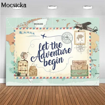 Mocsicka Let the Adventure Begin Фотографски фонове за 1-ви рожден ден на новородено, добре дошли на парти, фото-история, карта, самолет, печат, декорация