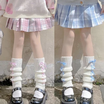 Японската Лолита, дамски плетени гети в рубчик, Harajuku, сладки каре чорапи с лък перекрещивающейся лента, студентски чорапогащи до коляното.