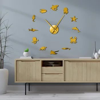 Морското създание Sealife Творчески Самозалепващи 3D САМ стенни часовници Морско конче Акула Морска звезда Кварцов акрилни огледално етикети Часовници
